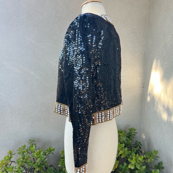 Vintage glam black sequins bolero style jacket colorful beaded trim Sm NiteLine - Picture 9 of 11